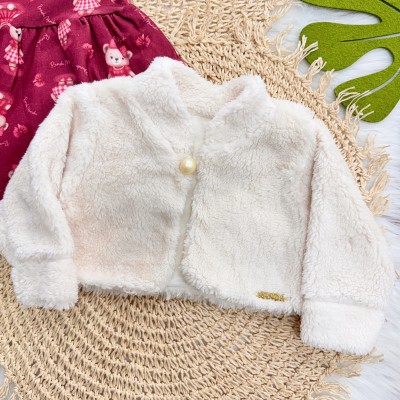 Conj. Bolerinho de Pelinho e Vestido Ursinhas - Off White e Bordo